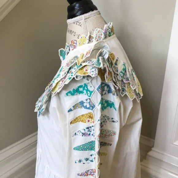 Sea NY Linden Patchwork Dress Womens XS Cream Blue Long Sleeve Ruffle Cotton - Picture 11 of 13